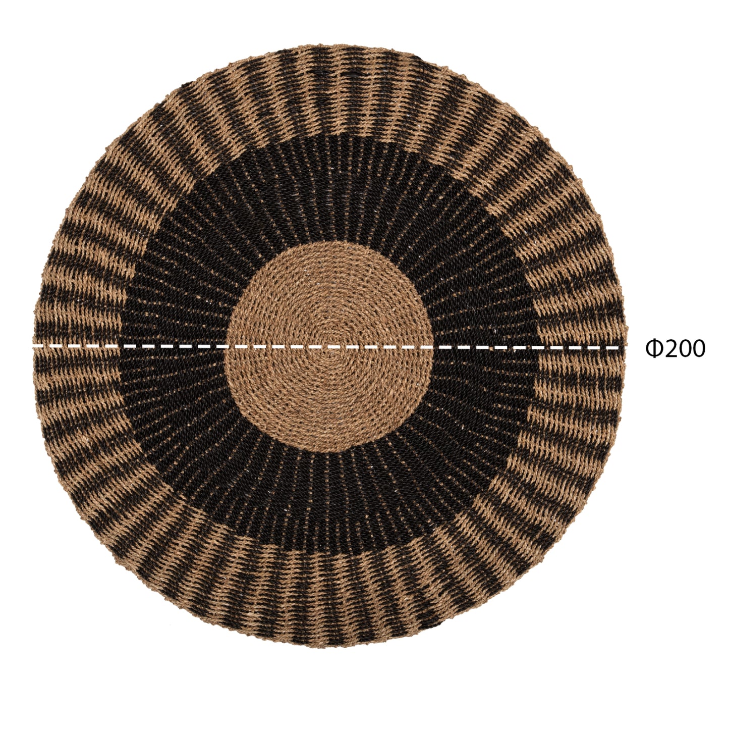 Round Carpet Kirki Hm7845 Natural Seagrass Fibers In Black-natural Color Φ200cm.