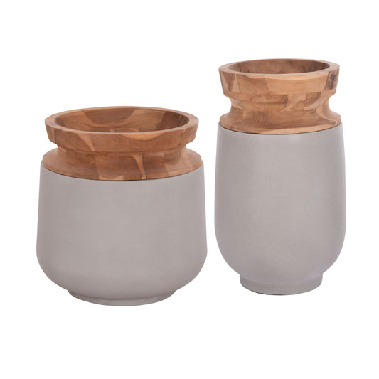 Decorative Floor Vases 2pcs Linter Hm21140.03 Fiber Cement In Grey-teak Wood 47h & 60hcm.