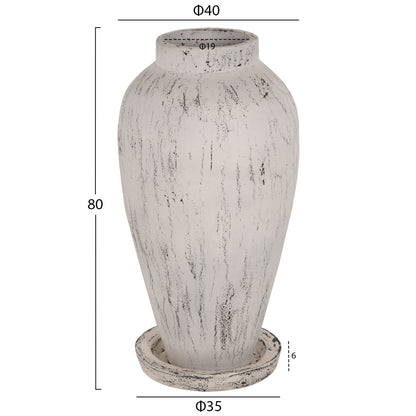 Decorative Floor Vase With Saucer-base Laurel Hm7938 Terracotta In White Patina Φ40x80hcm.