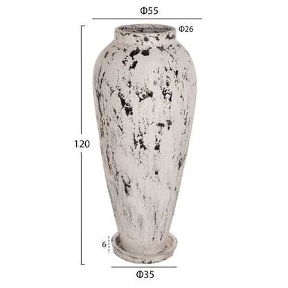 Decorative Floor Vase With Saucer-base Laurel Hm7927 Terracotta In White Patina Φ55x120hcm.