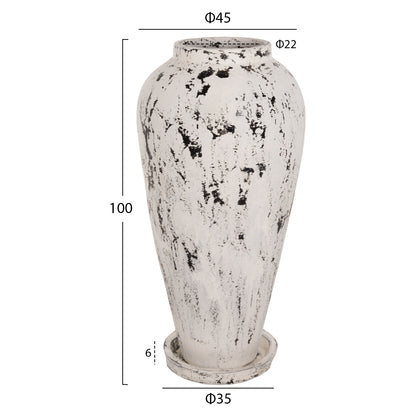 Decorative Floor Vase With Saucer-base Laurel Hm7937 Terracotta In White Patina Φ45x100hcm.