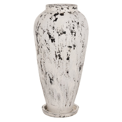 Decorative Floor Vase With Saucer-base Laurel Hm7937 Terracotta In White Patina Φ45x100hcm.
