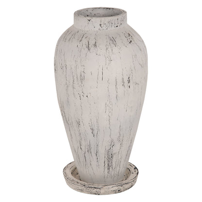 Decorative Floor Vase With Saucer-base Laurel Hm7938 Terracotta In White Patina Φ40x80hcm.