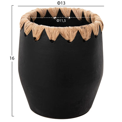 Decorative Vase Hm4368 Terracotta In Black With Straw Weaving On The Rim Φ13x16hcm.