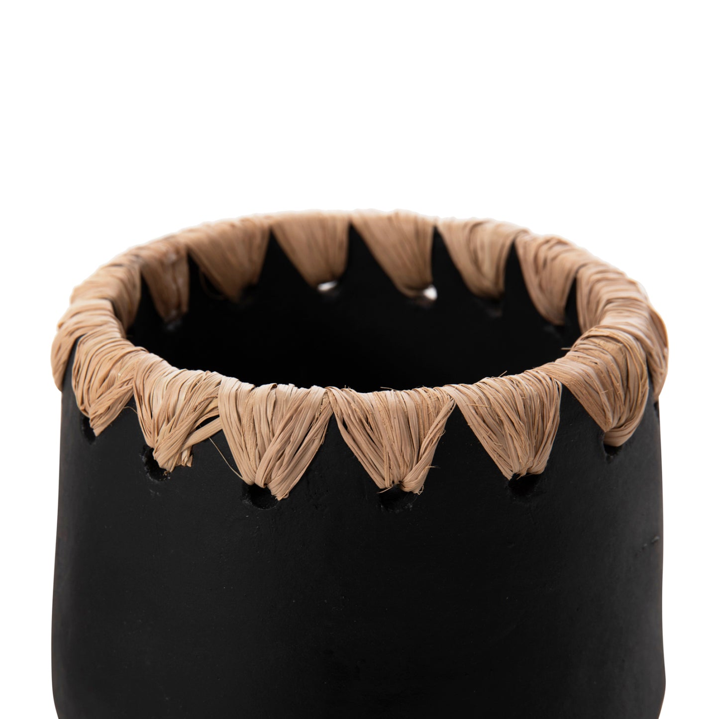 Decorative Vase Hm4368 Terracotta In Black With Straw Weaving On The Rim Φ13x16hcm.