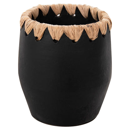 Decorative Vase Hm4368 Terracotta In Black With Straw Weaving On The Rim Φ13x16hcm.