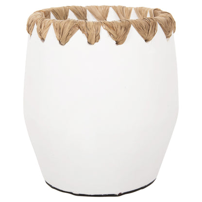 Decorative Vase Hm4369 Terracotta In White With Straw Weaving On The Rim Φ13x16hcm.