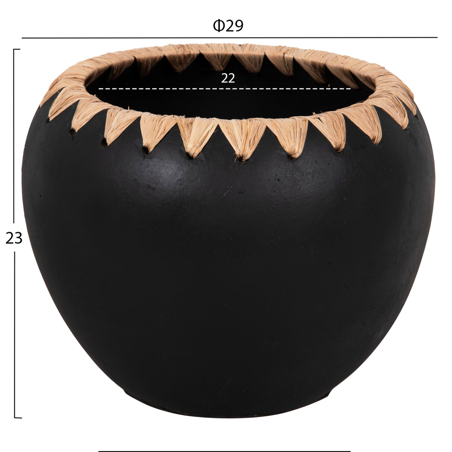 Decorative Vase Hm4374 Terracotta In Black With Straw Weaving On The Rim Φ29x23hcm.