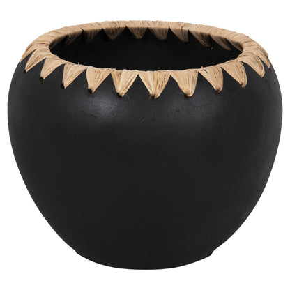 Decorative Vase Hm4374 Terracotta In Black With Straw Weaving On The Rim Φ29x23hcm.