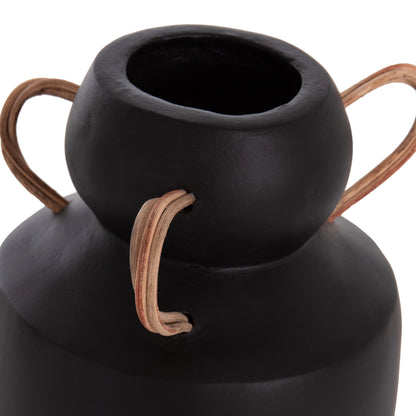 Decorative Vase Mibo Hm4688.01m Terracotta In Black--handles Natural Rattan Φ16.5x26hcm.