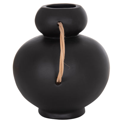 Decorative Vase Mibo Hm4688.01s Terracotta In Black--handles Natural Rattan 27x15x20hcm