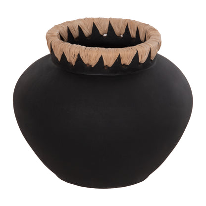 Decorative Vase Renton(s) Hm4733 Terracotta In Black-straw Weaving On The Rim Φ23x19hcm.