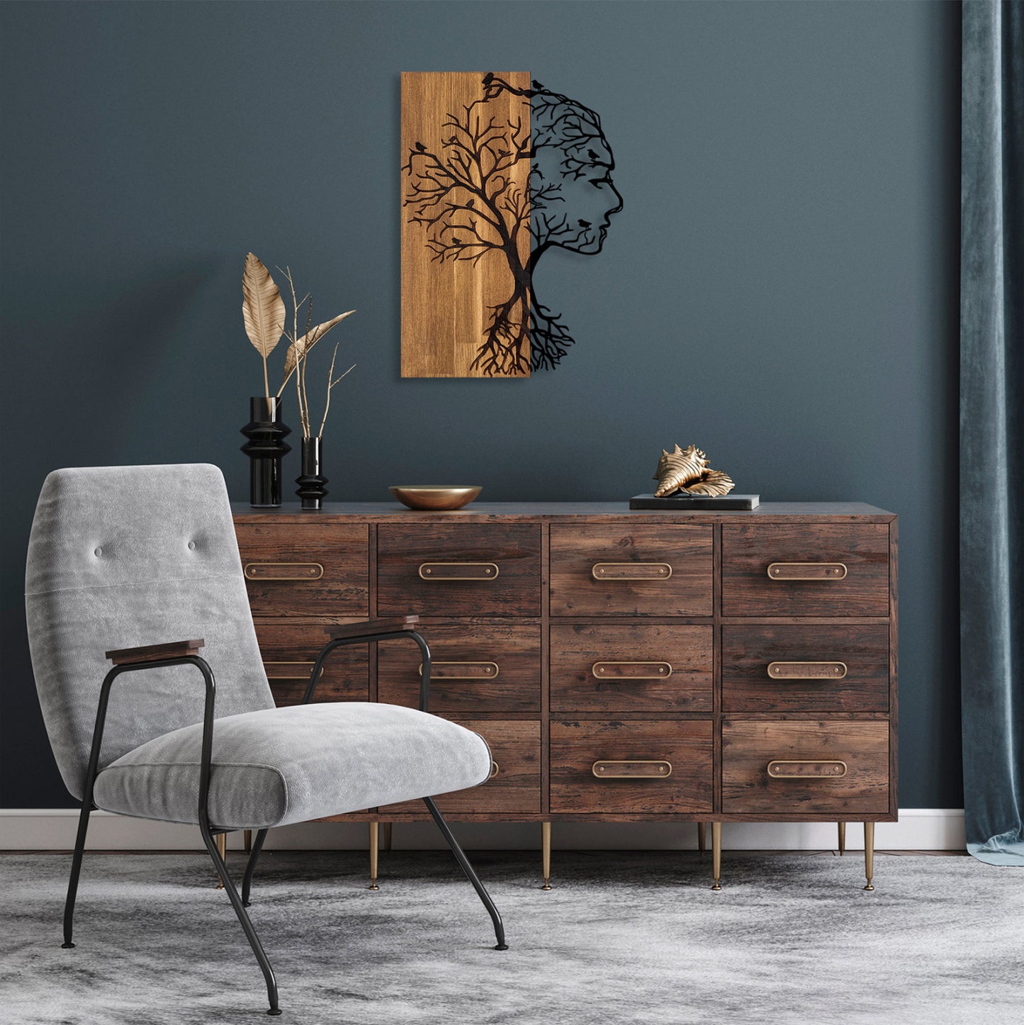 Wall Decoration Woman Figure Hm4754-metal In Black-wood 43x3(thickness)x58hcm.