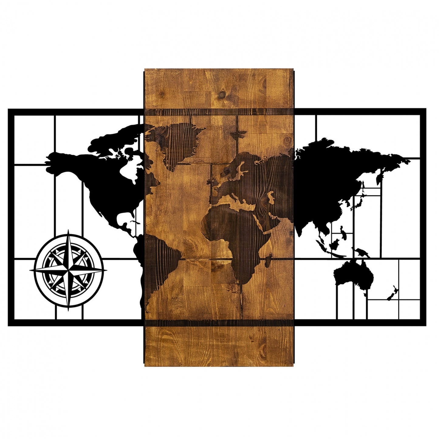 Wooden Wall Decoration With Metallic World Map 85x58cm Hm7223