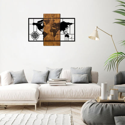 Wooden Wall Decoration With Metallic World Map 85x58cm Hm7223