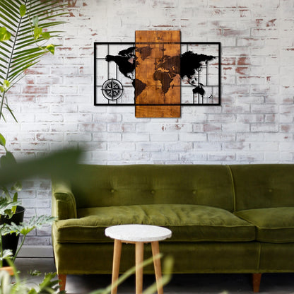 Wooden Wall Decoration With Metallic World Map 85x58cm Hm7223