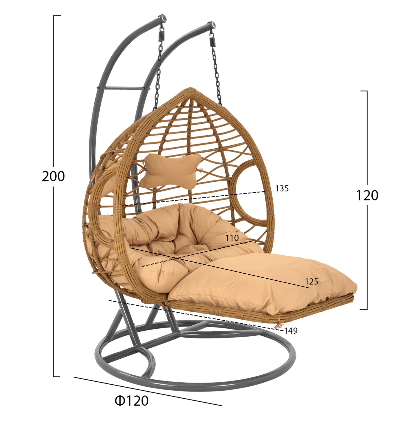 Hanging Double Armchair Nest Grey-beige With Pillow Hm5754.01 120'x200 Cm