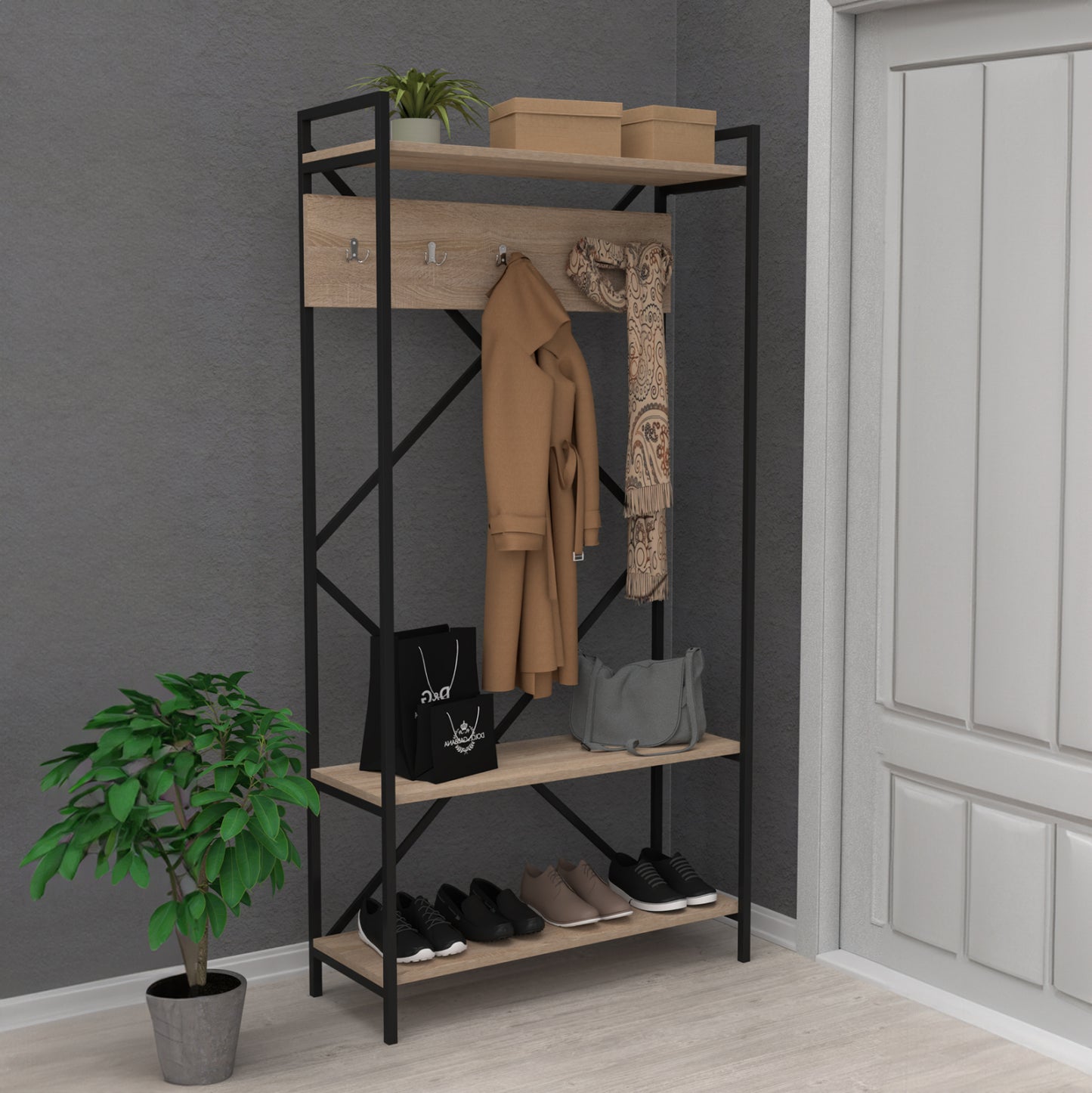 Entrance Furniture Navis Hm18188 Melamine In Sonama-black Metal Frame 90x34x180hcm.