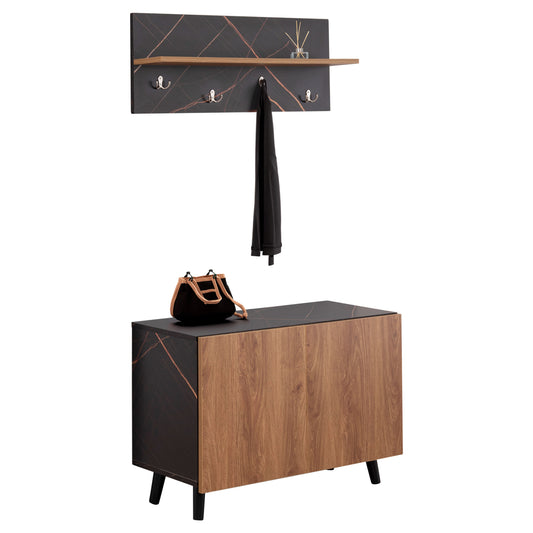 Entryway Furniture Set Delphine Hm8876.12 Melamine In Black Marble-natural Wood 80x31.5x52hcm.