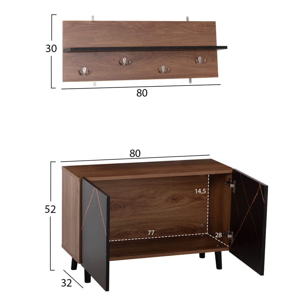 Entryway Furniture Set Delphine Hm8876.13 Melamine In Black Marble-walnut 80x31.5x52hcm.