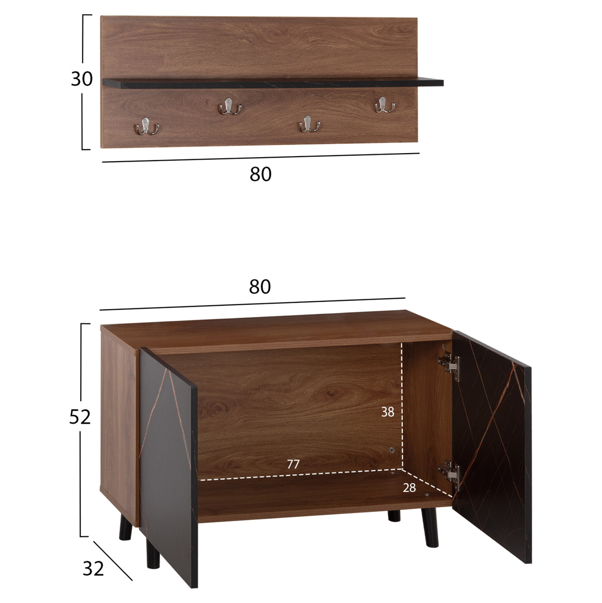 Entryway Furniture Set Delphine Hm8876.13 Melamine In Black Marble-walnut 80x31.5x52hcm.