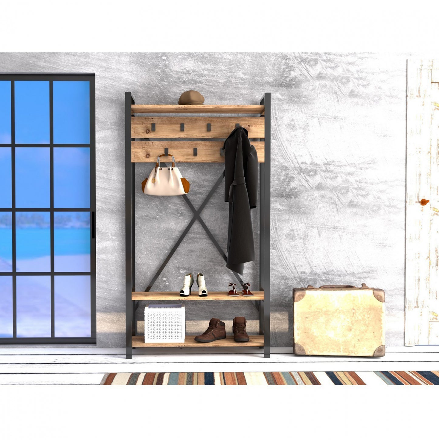 Entrance Furniture Hm8943.01 Natural Wood & Black 90x34x180 Cm.