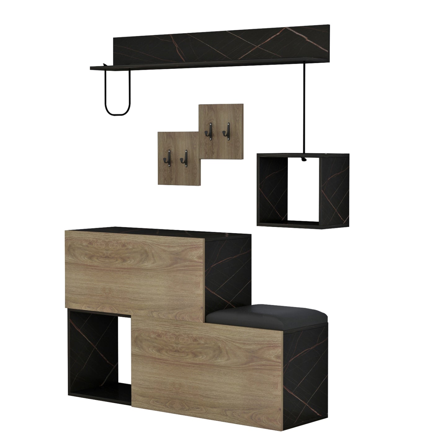 Entryway Furniture Set Cerb Hm8957.12 Melamine In Natural-black Marble 120x20x72hcm.