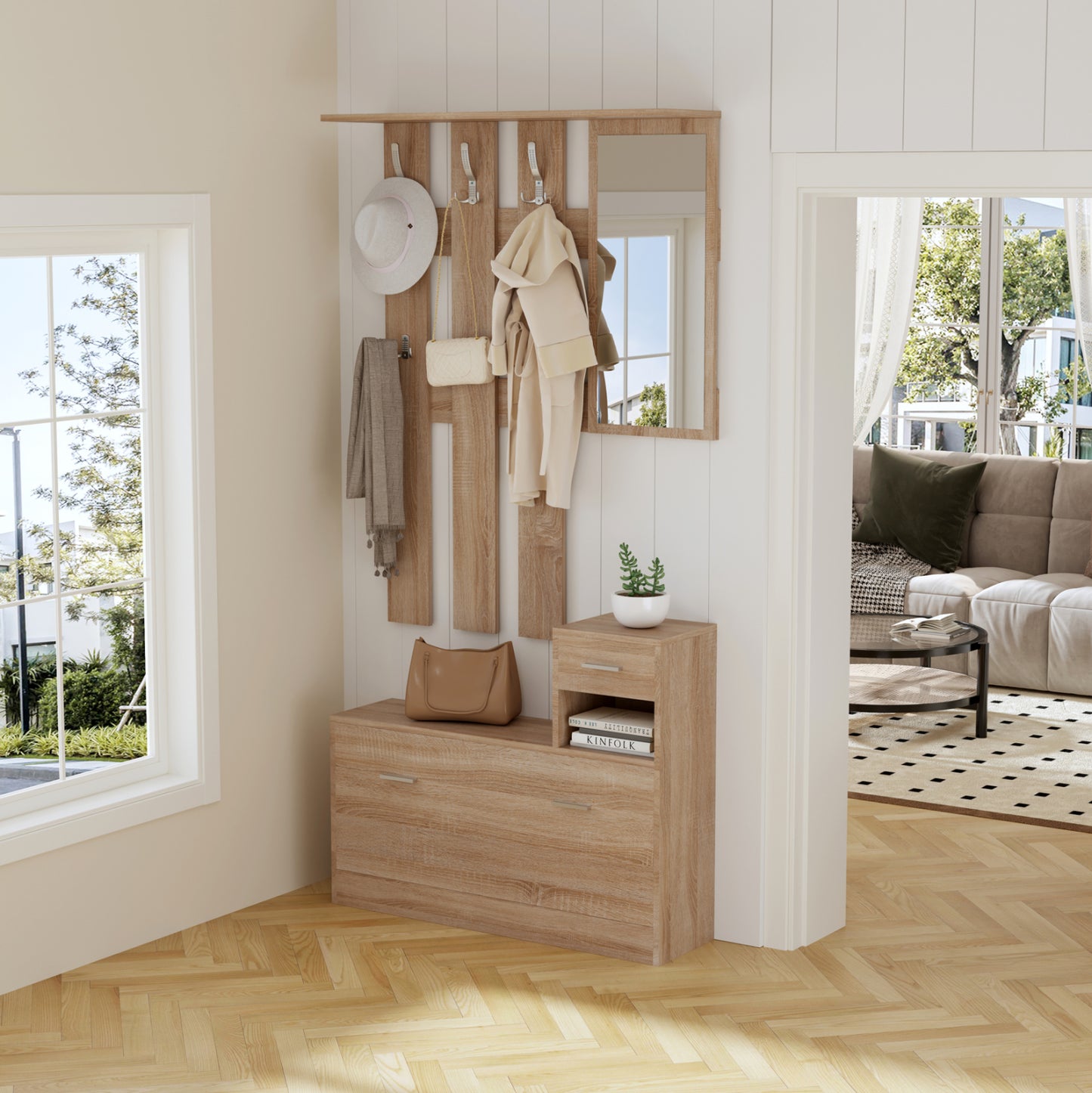 Entryway Set With Mirror Gorn Hm2473.01 Melamine In Sonama 90x24x190hcm.