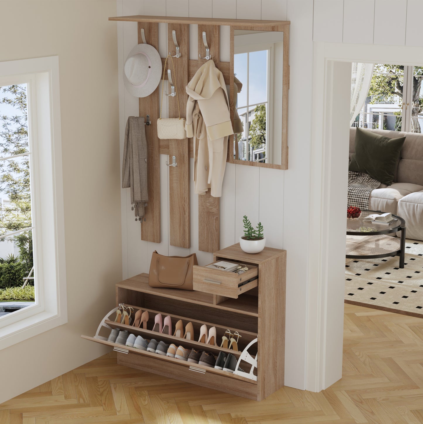 Entryway Set With Mirror Gorn Hm2473.01 Melamine In Sonama 90x24x190hcm.
