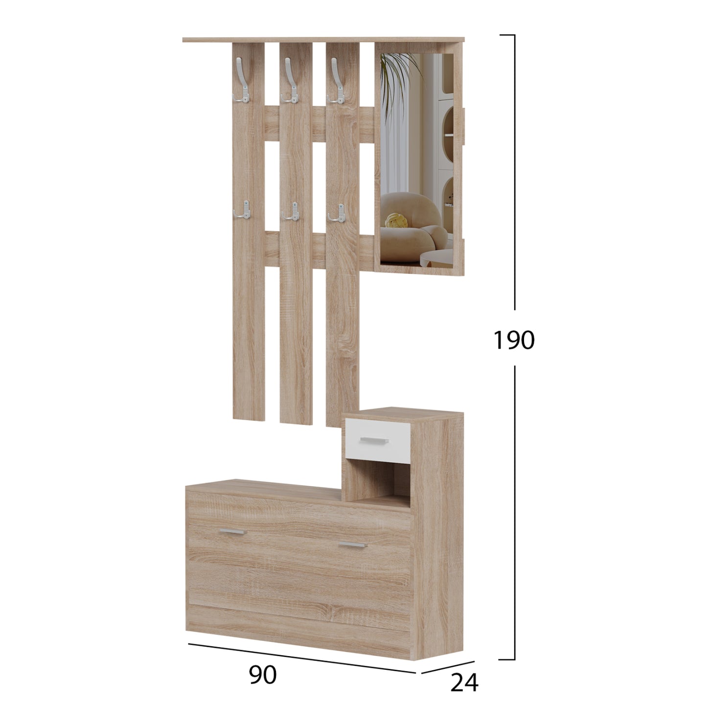 Entryway Set With Mirror Gorn Hm2473.04 Melamine In Sonama-white 90x24x190hcm.