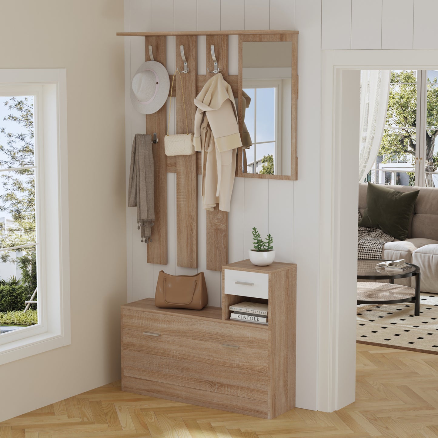 Entryway Set With Mirror Gorn Hm2473.04 Melamine In Sonama-white 90x24x190hcm.