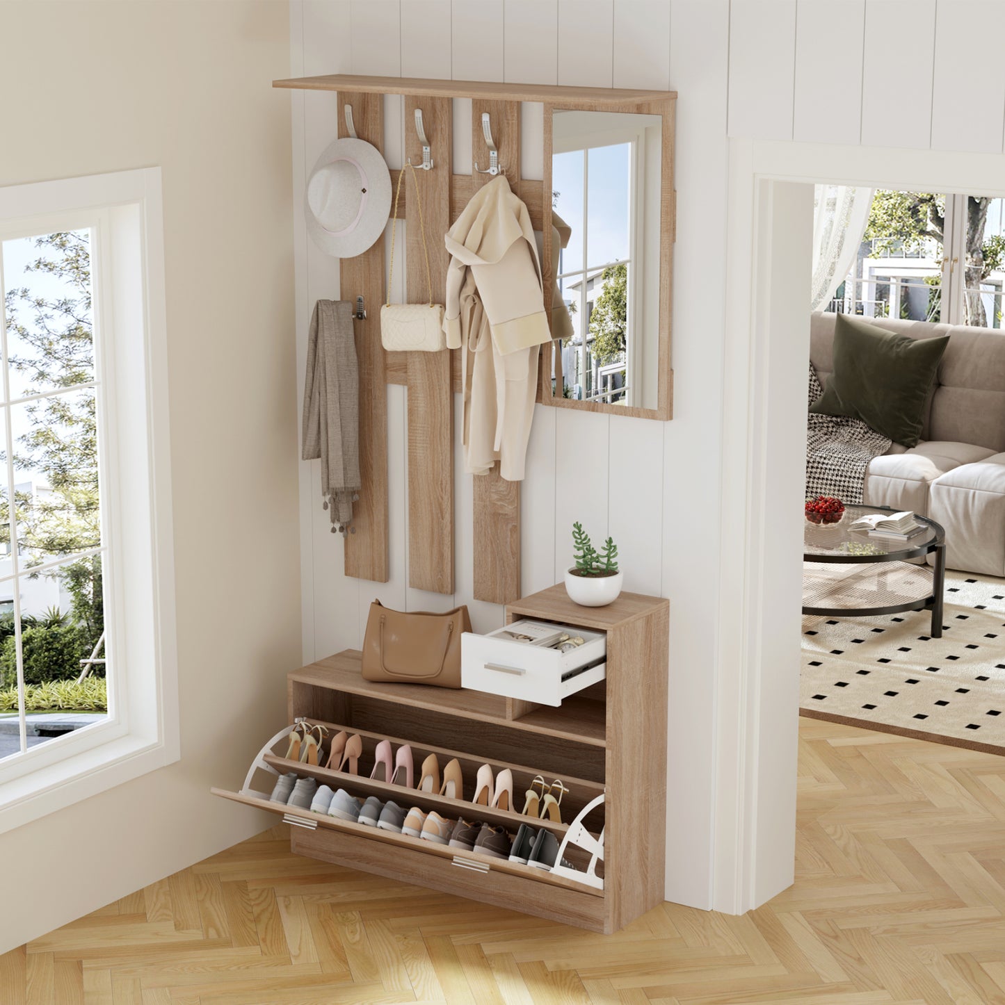 Entryway Set With Mirror Gorn Hm2473.04 Melamine In Sonama-white 90x24x190hcm.