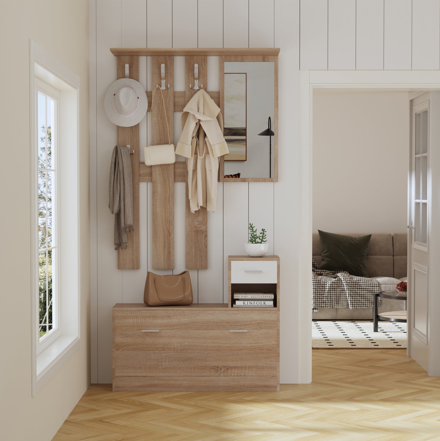 Entryway Set With Mirror Gorn Hm2473.04 Melamine In Sonama-white 90x24x190hcm.
