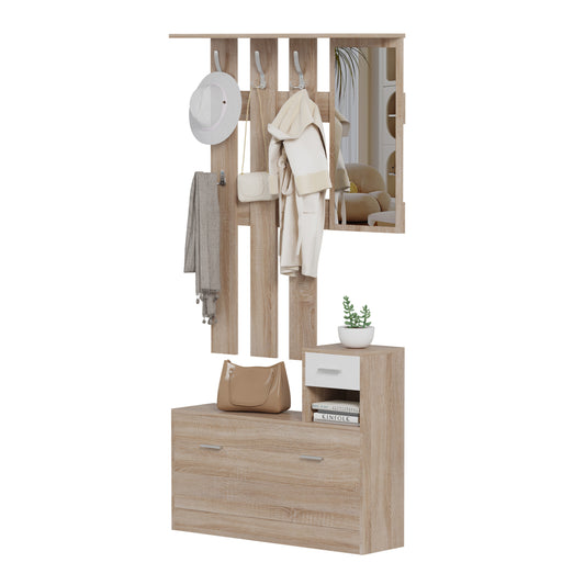 Entryway Set With Mirror Gorn Hm2473.04 Melamine In Sonama-white 90x24x190hcm.