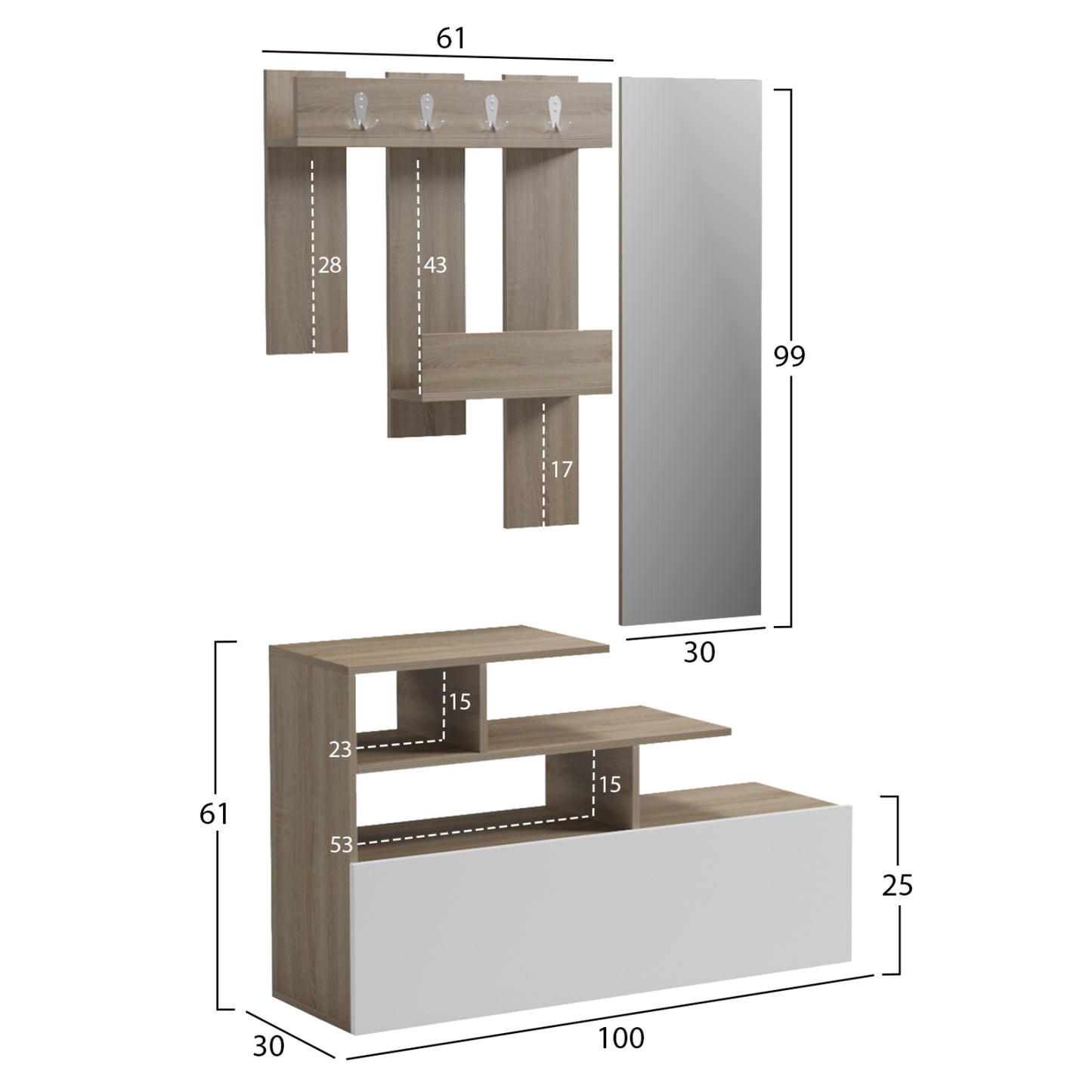 Entrance Furniture With Wall Mirror Mezzo Hm18380.11 Melamine In Sonama/white 100x30x61hcm