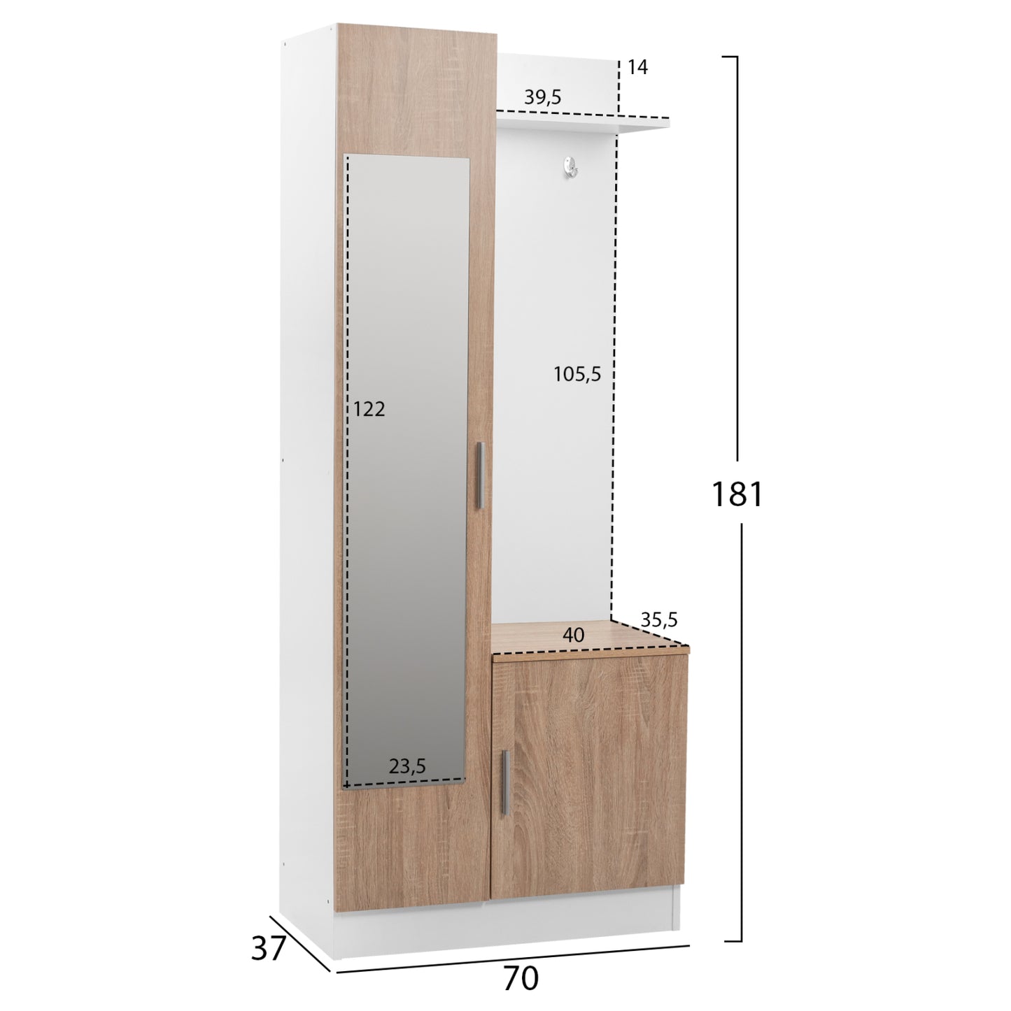 Entryway Furniture With Mirror Janice Hm2264 Sonama White 70,3x37,1x181,8 Cm.