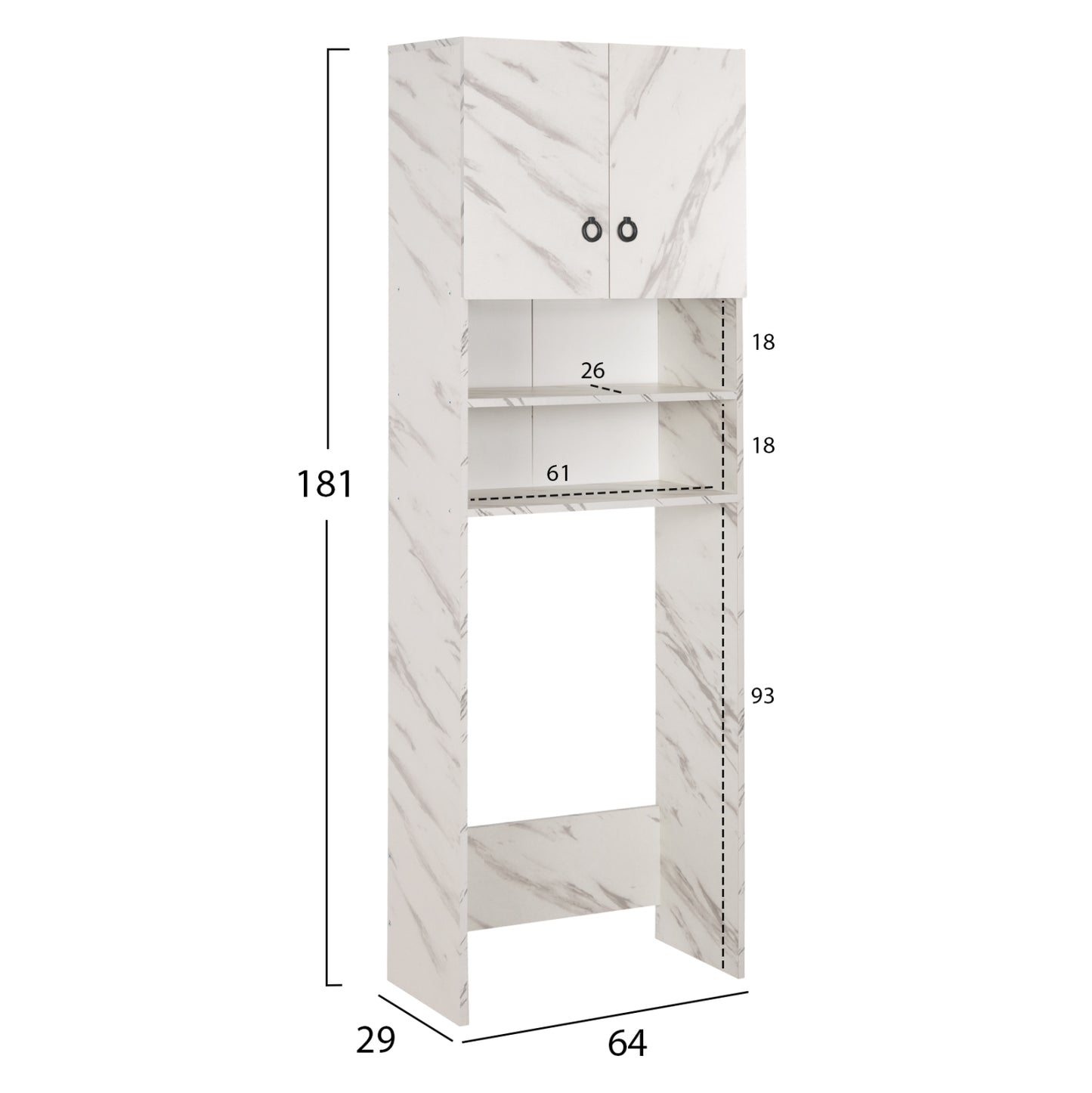 Washing Machine Furniture Terry Hm9122.12 With Cabinet & Shelves Melamine White Marble 64Χ29Χ181hcm.