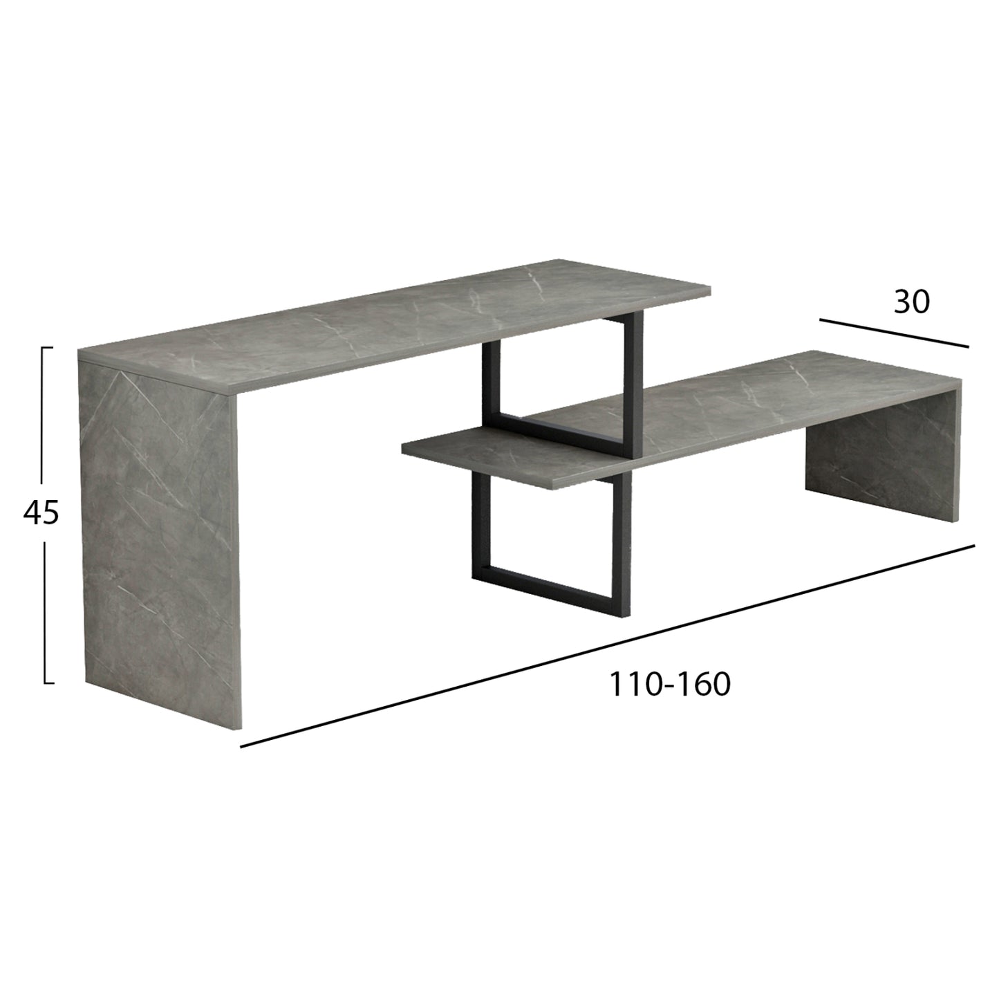Tv Furniture Expandable Briggite Hm8892.11 Melamine In Grey Stone Texture -black Metal Legs 110-160x30x45hcm.