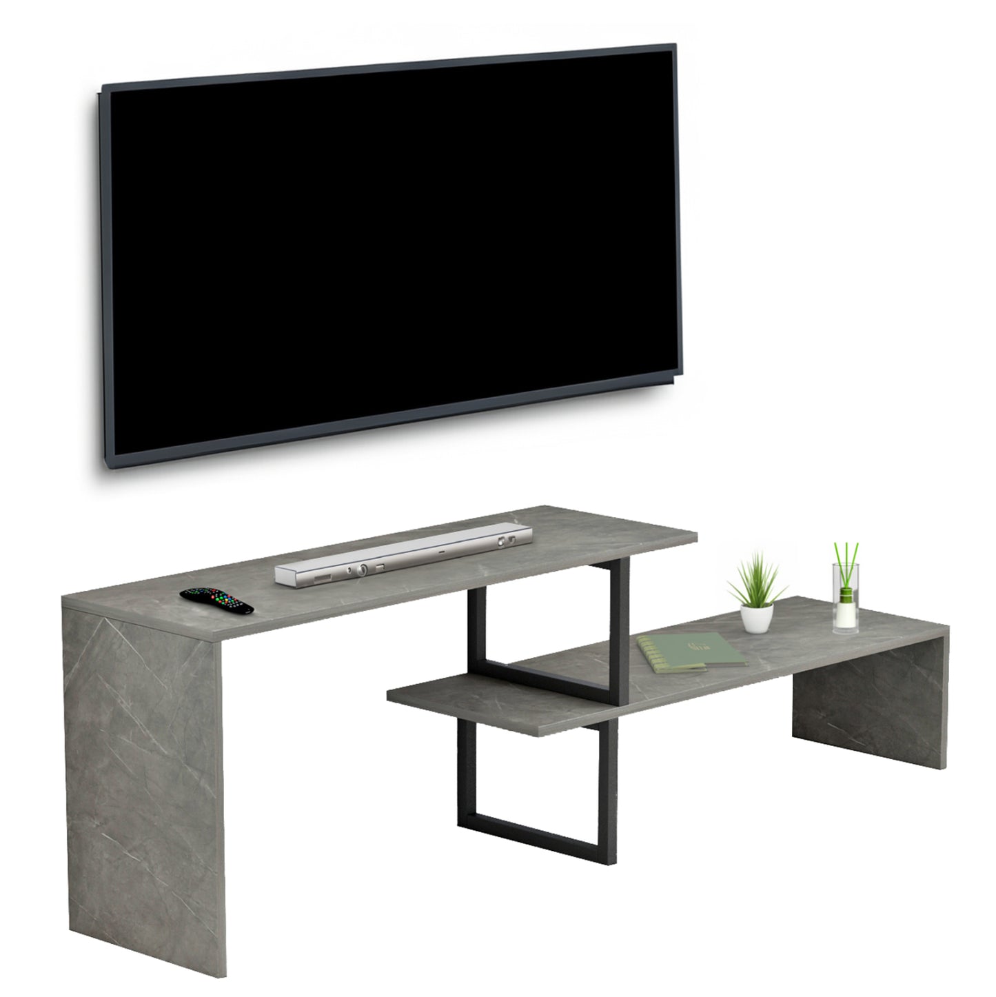 Tv Furniture Expandable Briggite Hm8892.11 Melamine In Grey Stone Texture -black Metal Legs 110-160x30x45hcm.