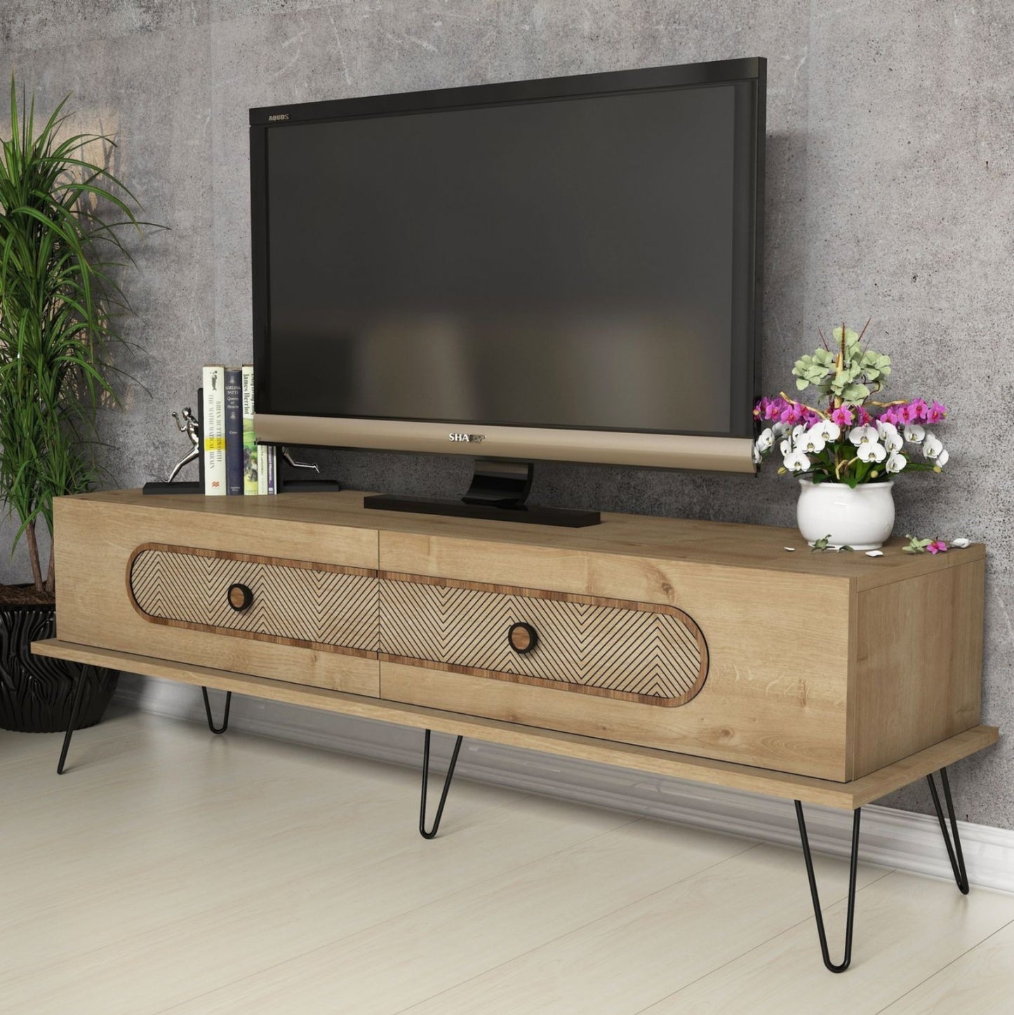 Tv Stand Hm9511.02 Melamine In Natural Oak Color Metal Legs 145x40x45hmcm.