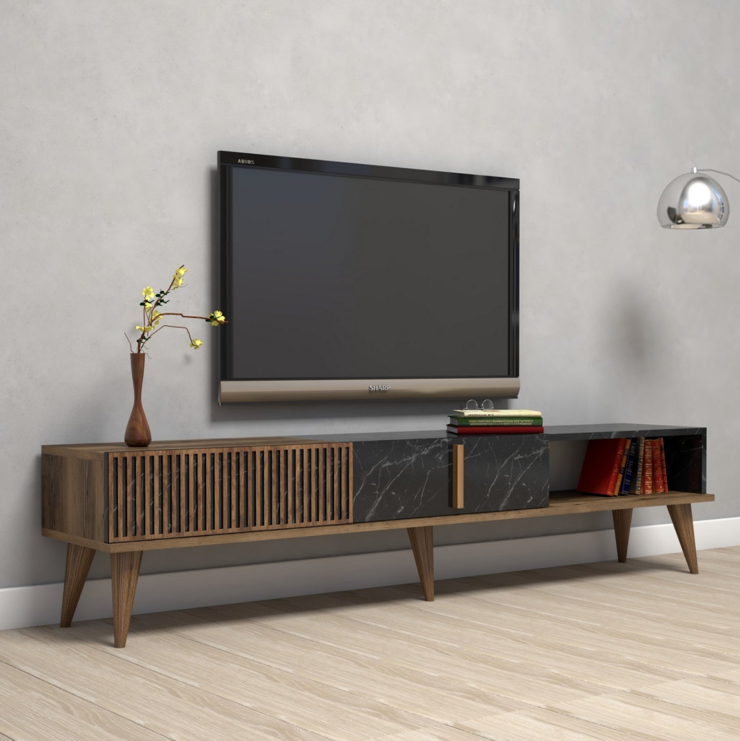 Tv Stand Hm9512.02 Melamine Walnut And Black Marble-look 180x35x40hcm.