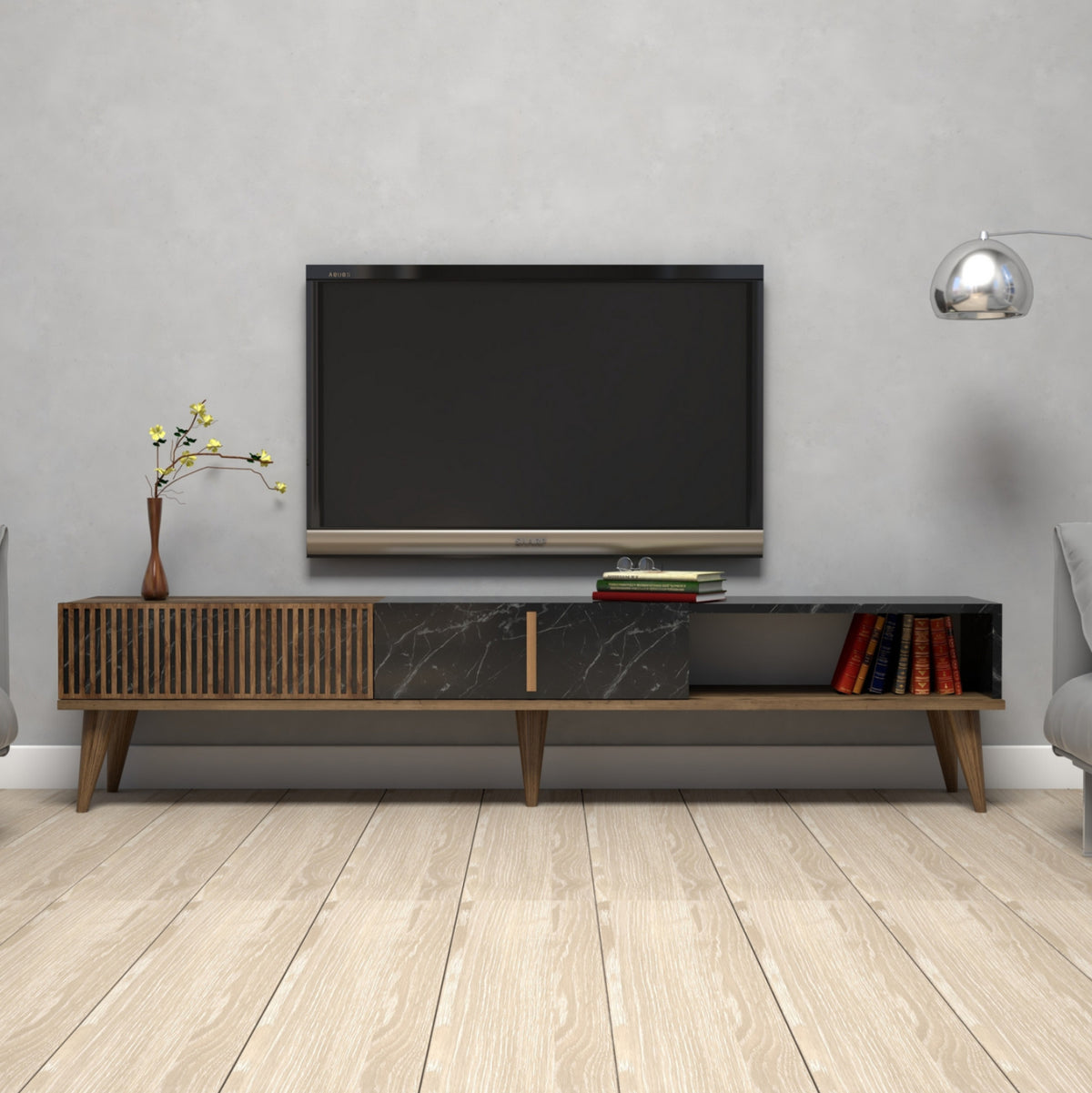 Tv Stand Melamine Walnut and Black Marble-look 180x35xH40cm