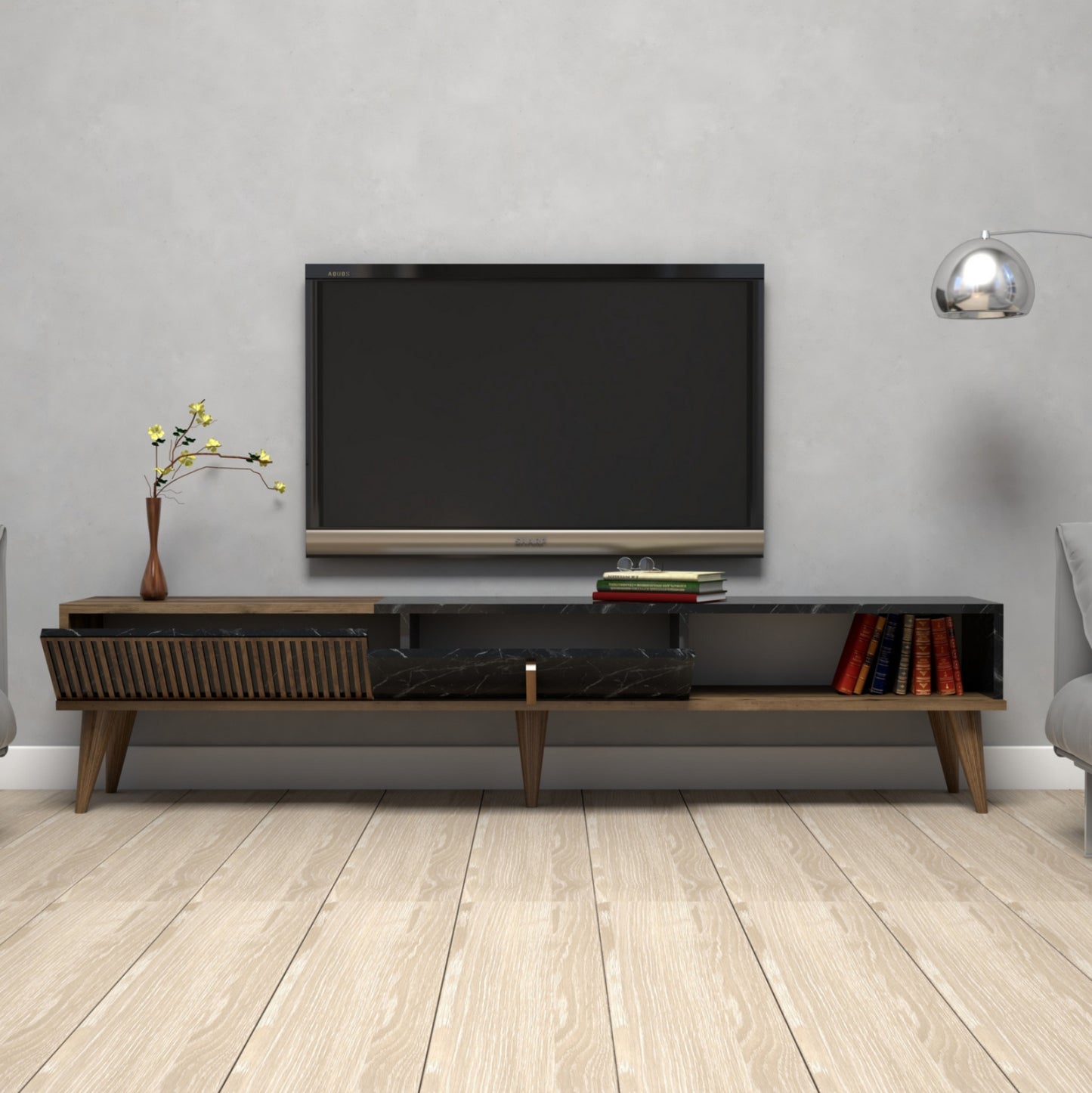 Tv Stand Hm9512.02 Melamine Walnut And Black Marble-look 180x35x40hcm.