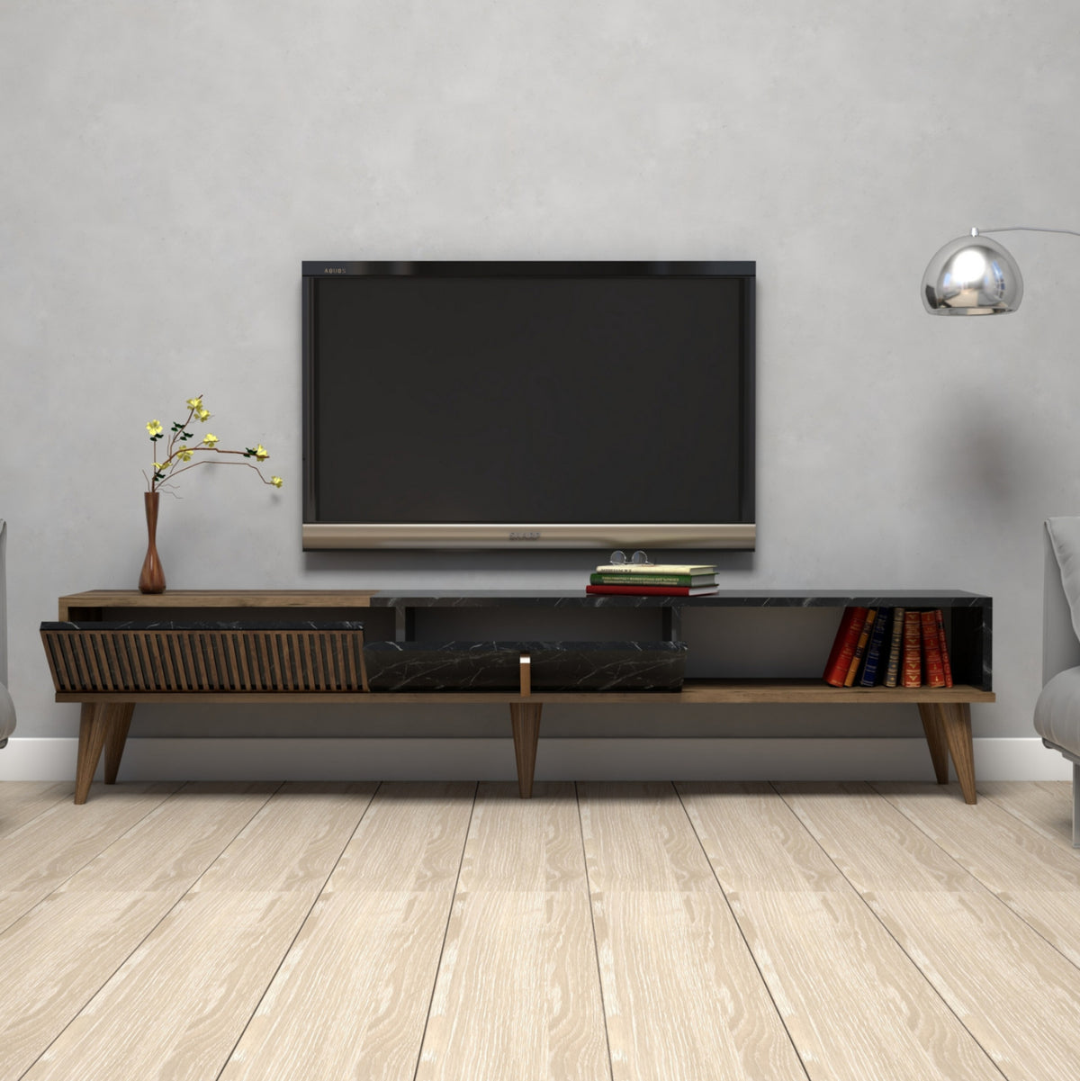 Tv Stand Melamine Walnut and Black Marble-look 180x35xH40cm
