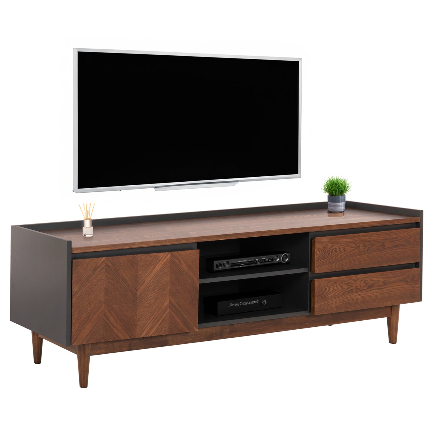 Tv Cabinet Veen Hm9741 Mdf With Walnut Veneer In Walnut And Darek Grey Color 170x40x50hcm