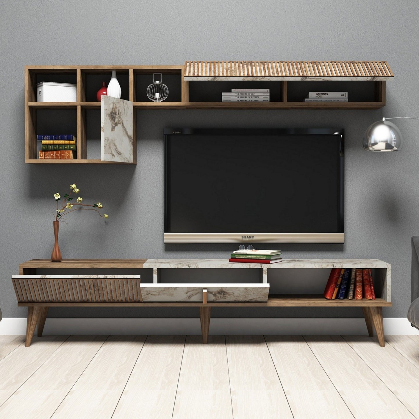 Tv Furniture Melamine In Walnut And White Marble 180x35x40hcm.hm9438.01
