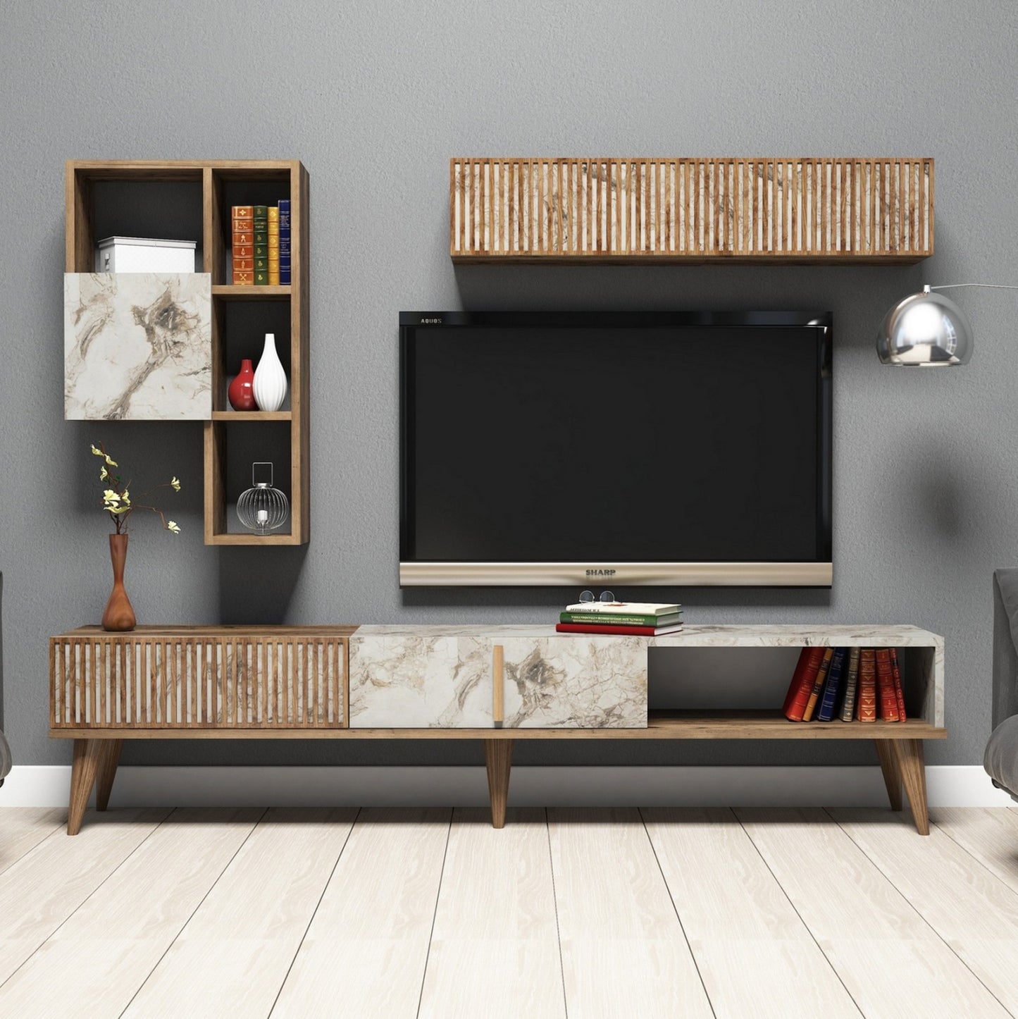 Tv Furniture Melamine In Walnut And White Marble 180x35x40hcm.hm9438.01