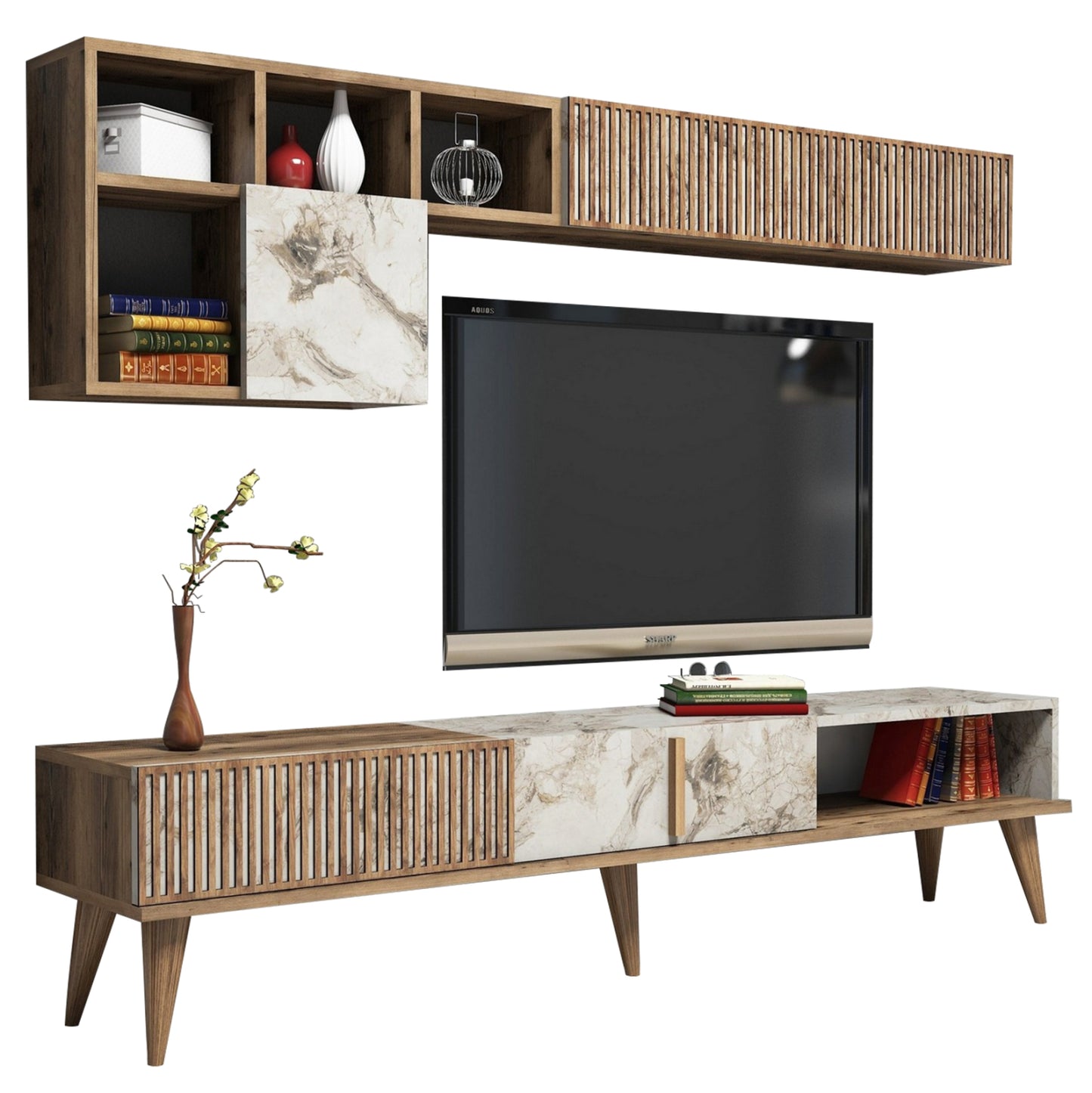 Tv Furniture Melamine In Walnut And White Marble 180x35x40hcm.hm9438.01