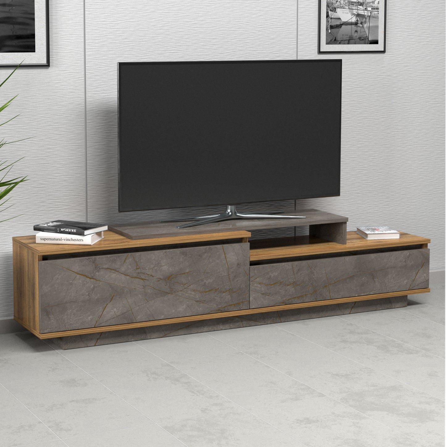 Tv Furniture Leis Hm18186 Melamine In Natural & Grey Marble Look Coloring 180x35x42hcm.