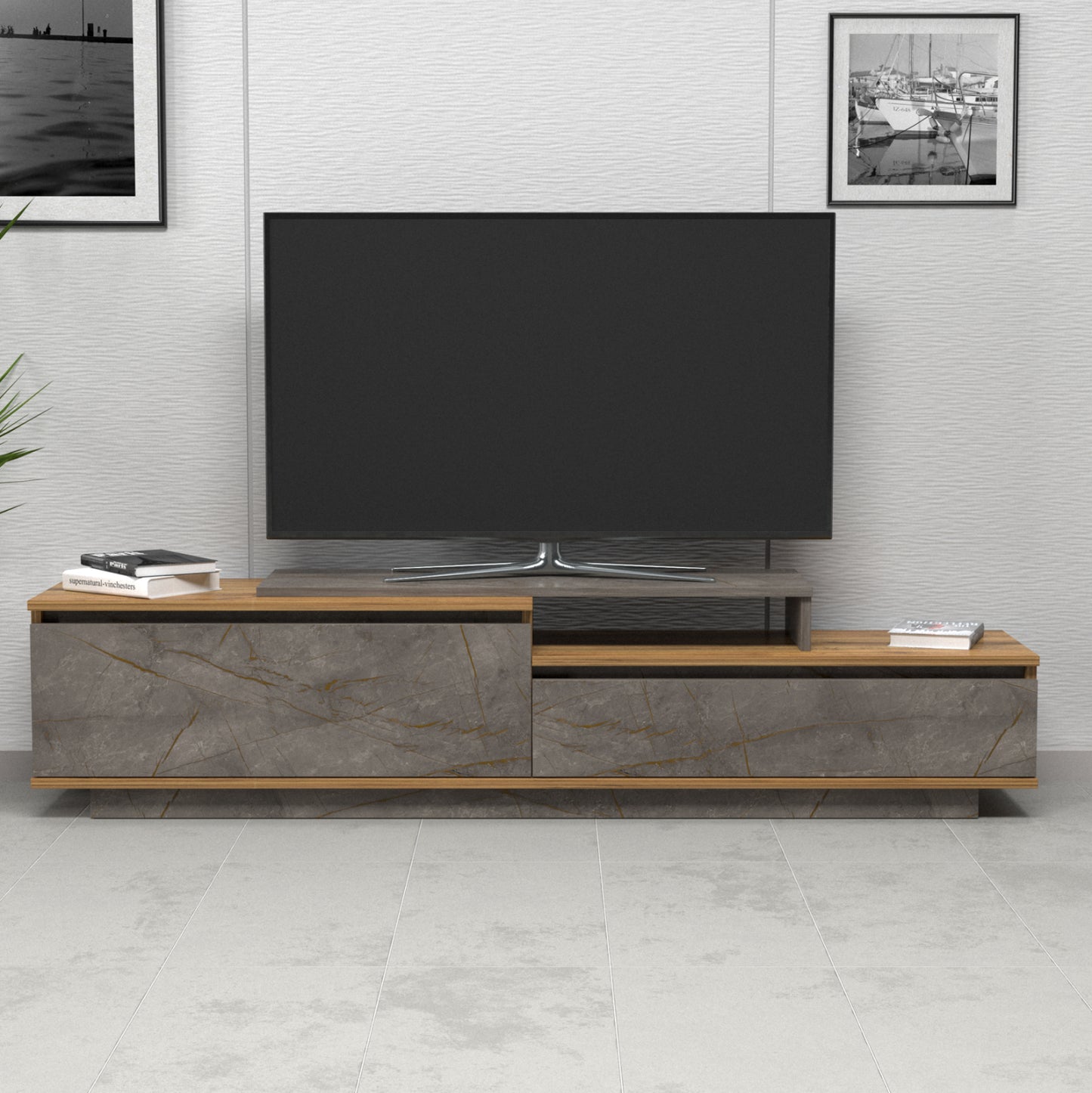Tv Furniture Leis Hm18186 Melamine In Natural & Grey Marble Look Coloring 180x35x42hcm.